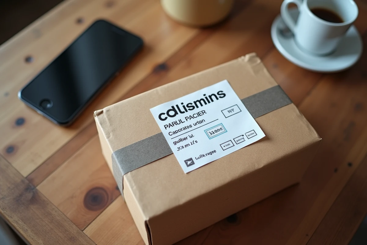 Étiquette Colissimo sur un colis posé sur une table en bois avec un téléphone affichant le suivi de livraison du samedi