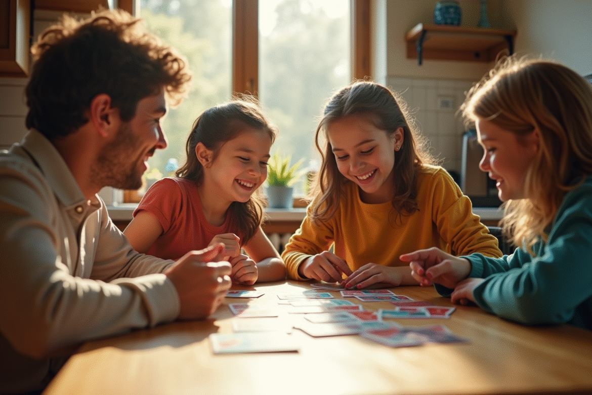 Famille souriante jouant à SkipBo Junior ensemble