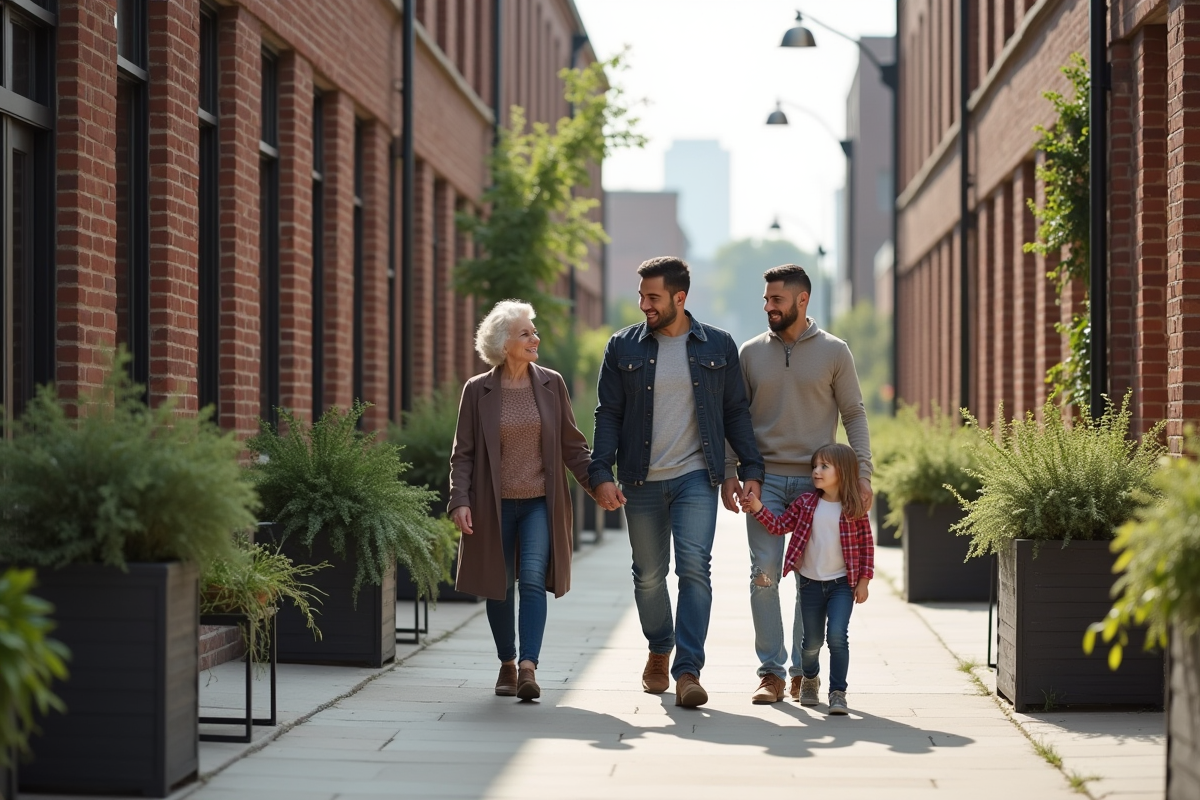 Famille multigeneration marche dans un quartier rénové