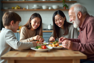 Famille diverse partageant un repas convivial dans la cuisine