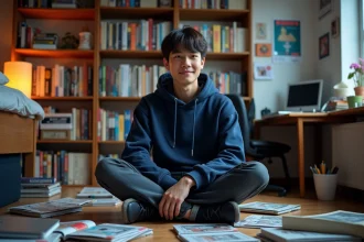 Jeune fan de manga lisant One Piece entouré de volumes et d'un ordinateur affichant des scans en VF