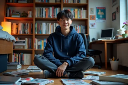 Jeune fan de manga lisant One Piece entouré de volumes et d'un ordinateur affichant des scans en VF