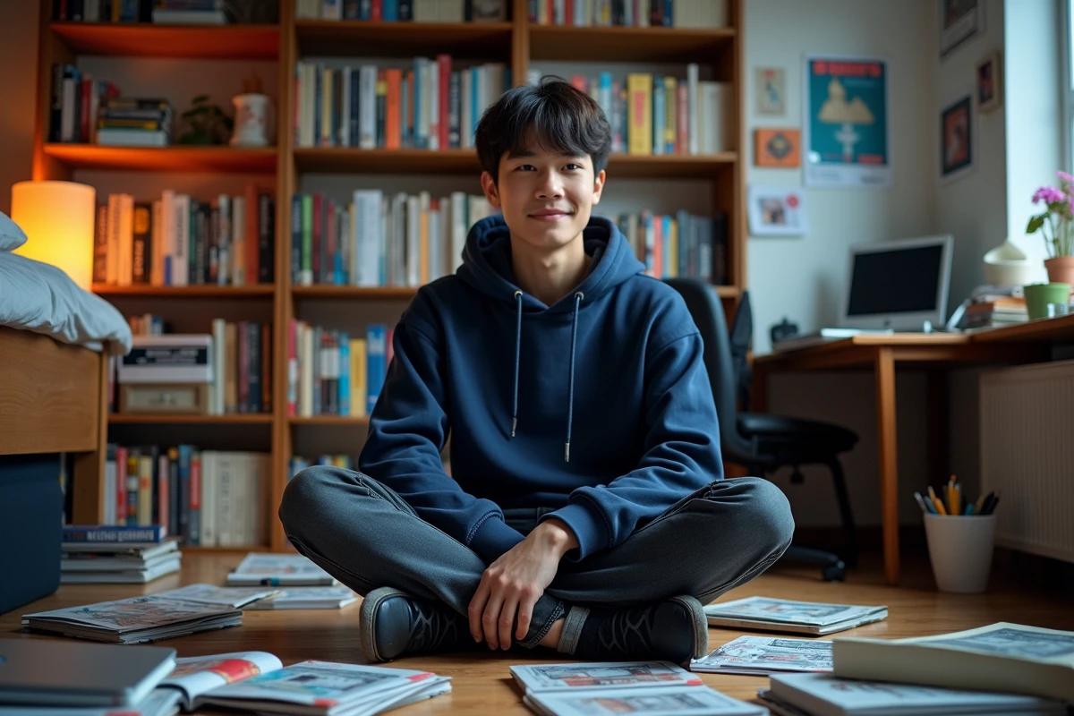 Jeune fan de manga lisant One Piece entouré de volumes et d'un ordinateur affichant des scans en VF
