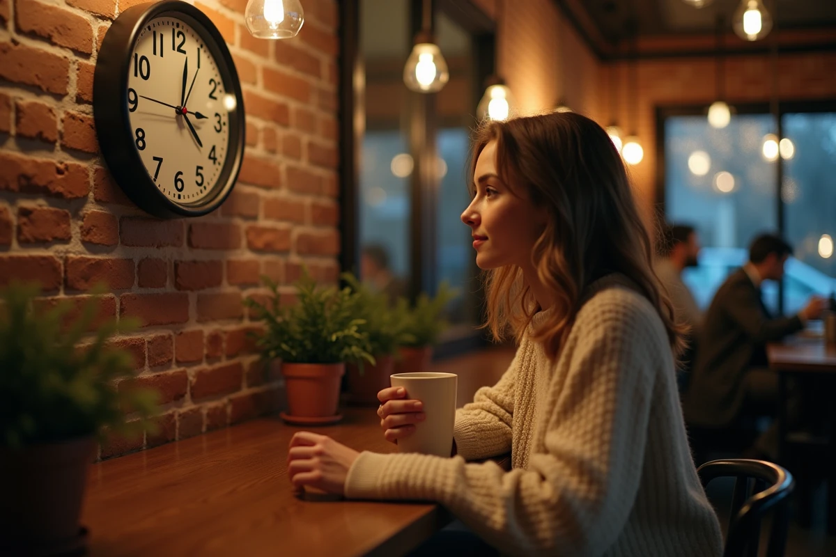 Femme contemplant l'heure 21h12 sur une horloge dans un café, symbolisant la loi de l'attraction en amour