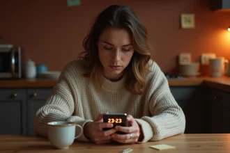 Jeune femme seule fixant son téléphone affichant 23h23 avec une expression anxieuse et obsessionnelle