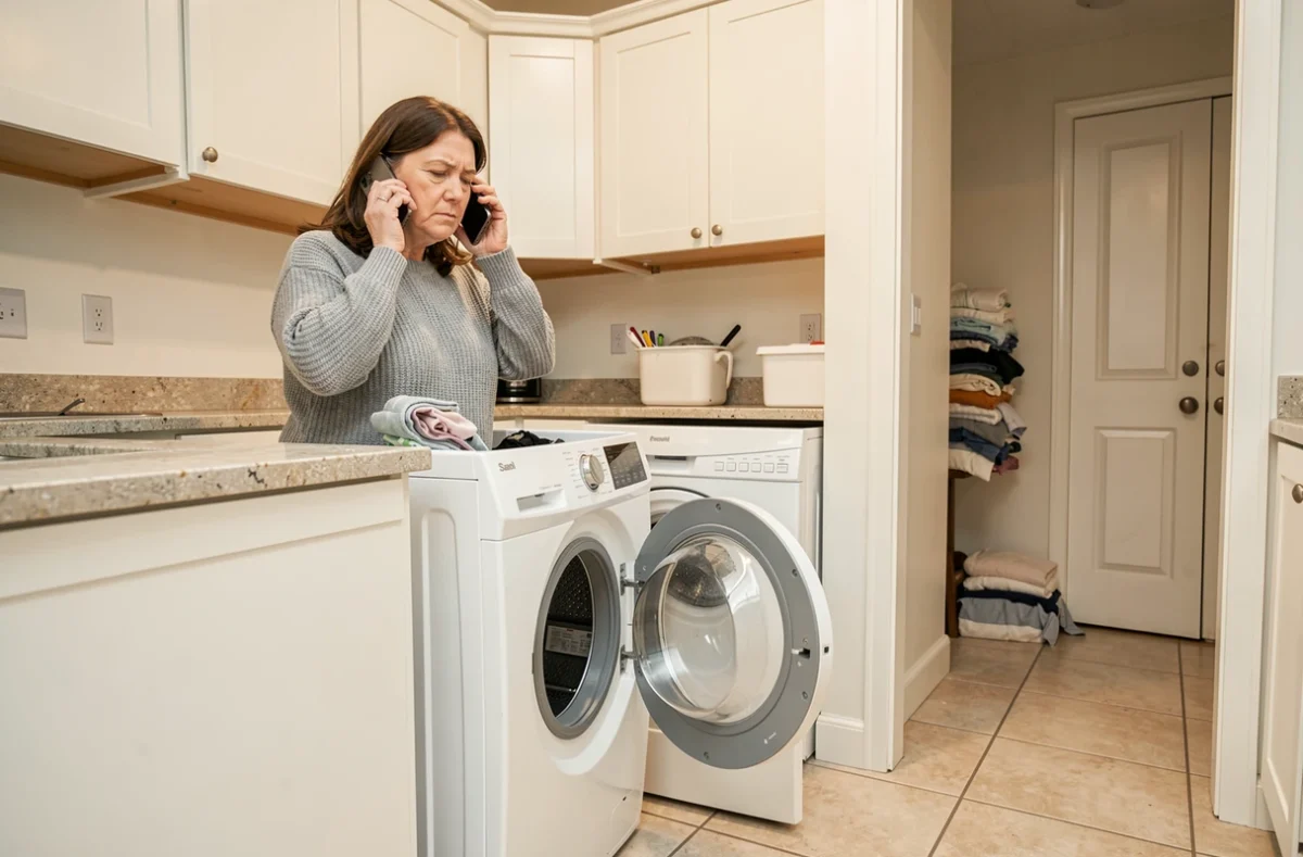 Femme appelant le service client Darty depuis sa cuisine face à un lave-linge en panne
