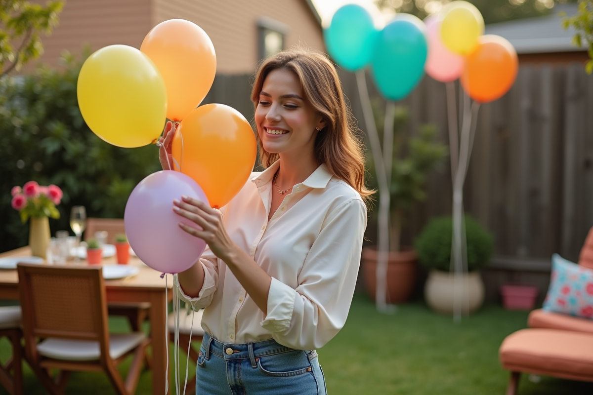Jeune femme arrangeant des ballons colorés dans le jardin