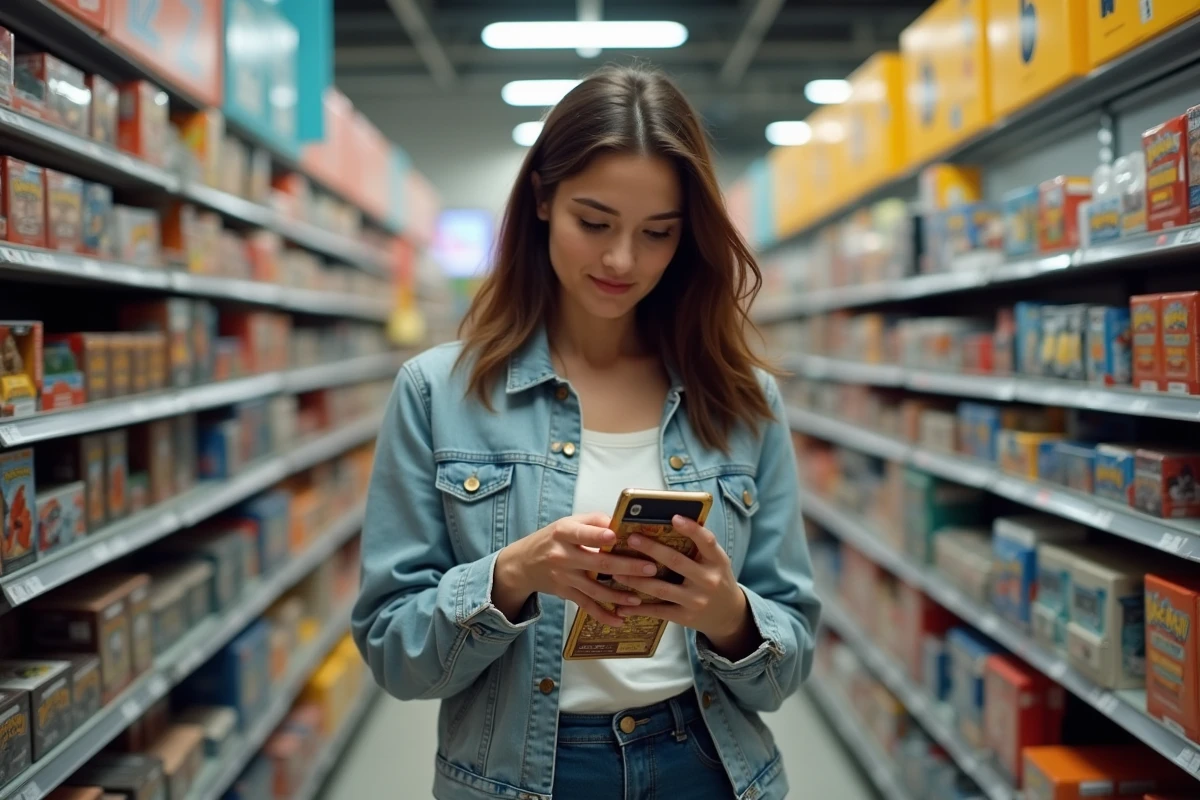 Femme en boutique de jeux de cartes comparant le prix d'un coffret Pokémon avec une offre trouvée sur son smartphone