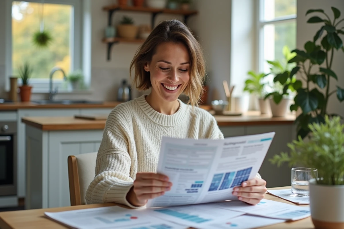 Femme souriante examinant des brochures solaires à la maison