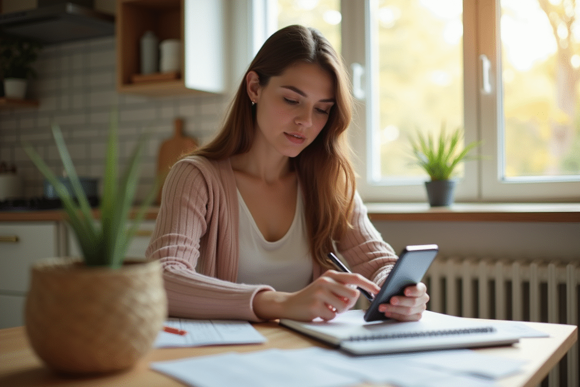 Jeune femme planifiant son budget avec carnet et smartphone