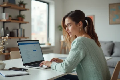 Femme assise à un bureau moderne avec ordinateur portable