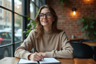 Jeune femme au café avec ordinateur et carnet