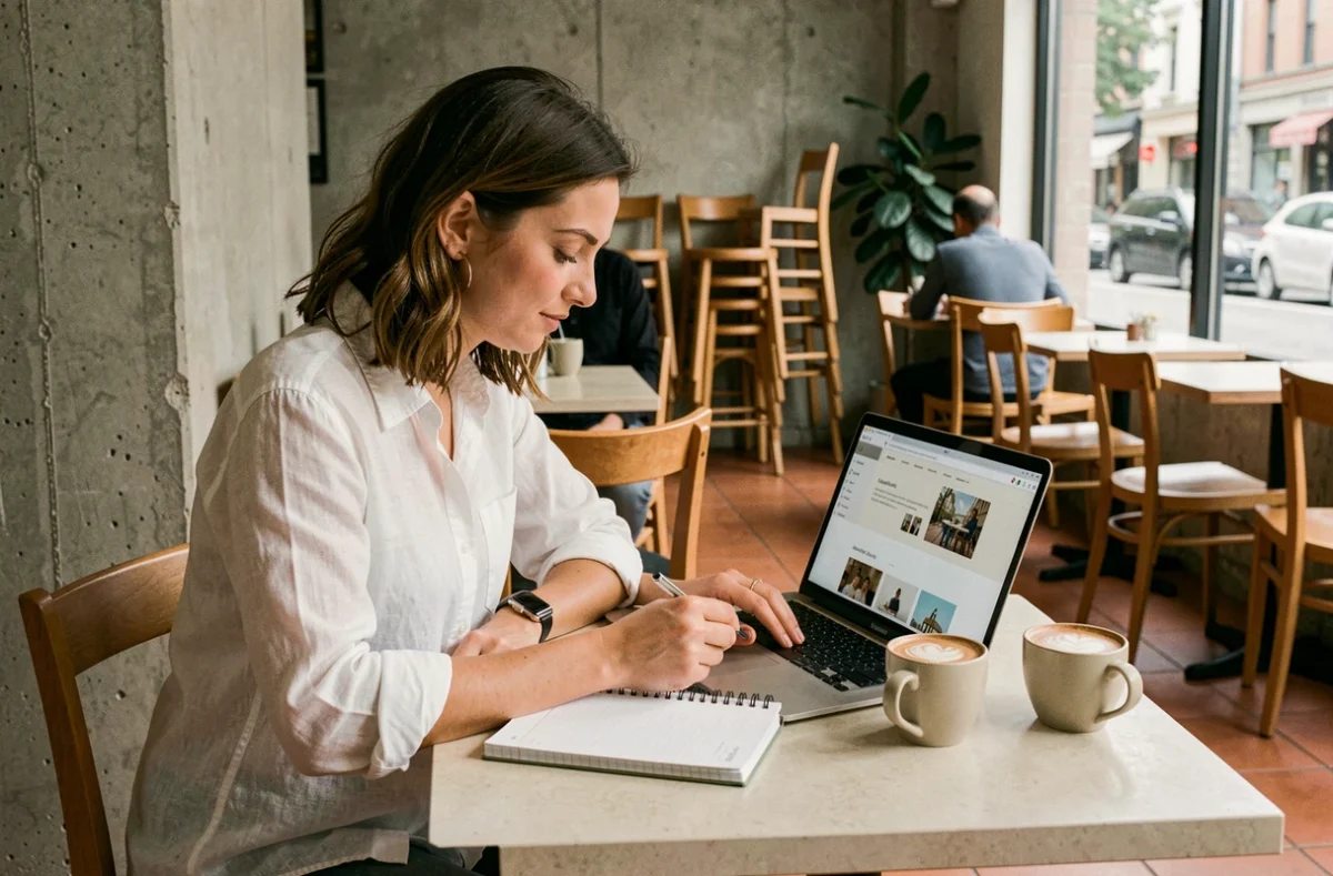 Femme comparant des notes sur le site Tiviob V2 dans un café urbain avec un ordinateur portable ouvert