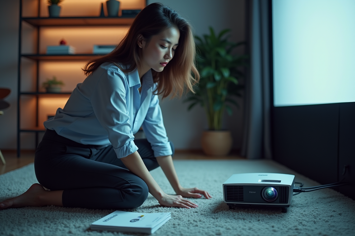Jeune femme connectant un projecteur dans son salon