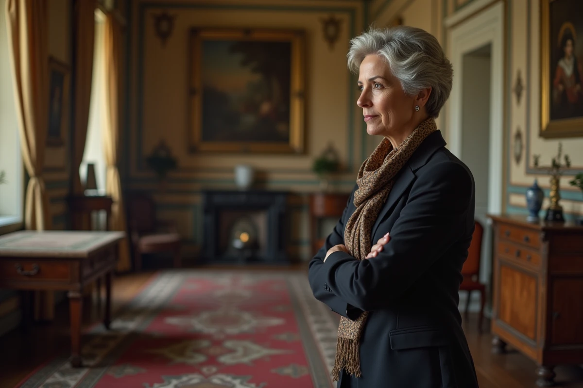 Femme élégante observant un vendeur dans un intérieur ancien