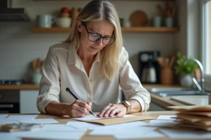 Femme d'âge moyen écrivant une lettre à la maison