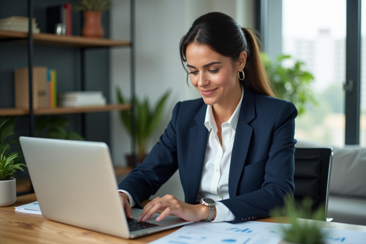 Femme confiante en bureau moderne avec graphiques financiers