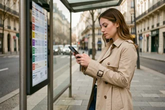 Jeune femme consultant l'horaire en temps réel du bus sur son smartphone à un arrêt de bus parisien