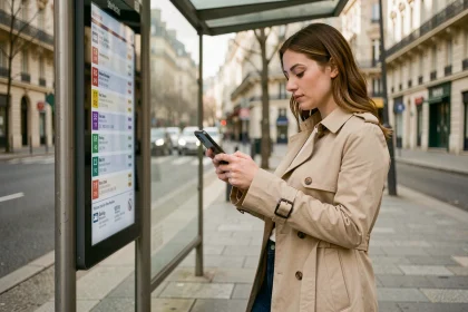 Jeune femme consultant l'horaire en temps réel du bus sur son smartphone à un arrêt de bus parisien