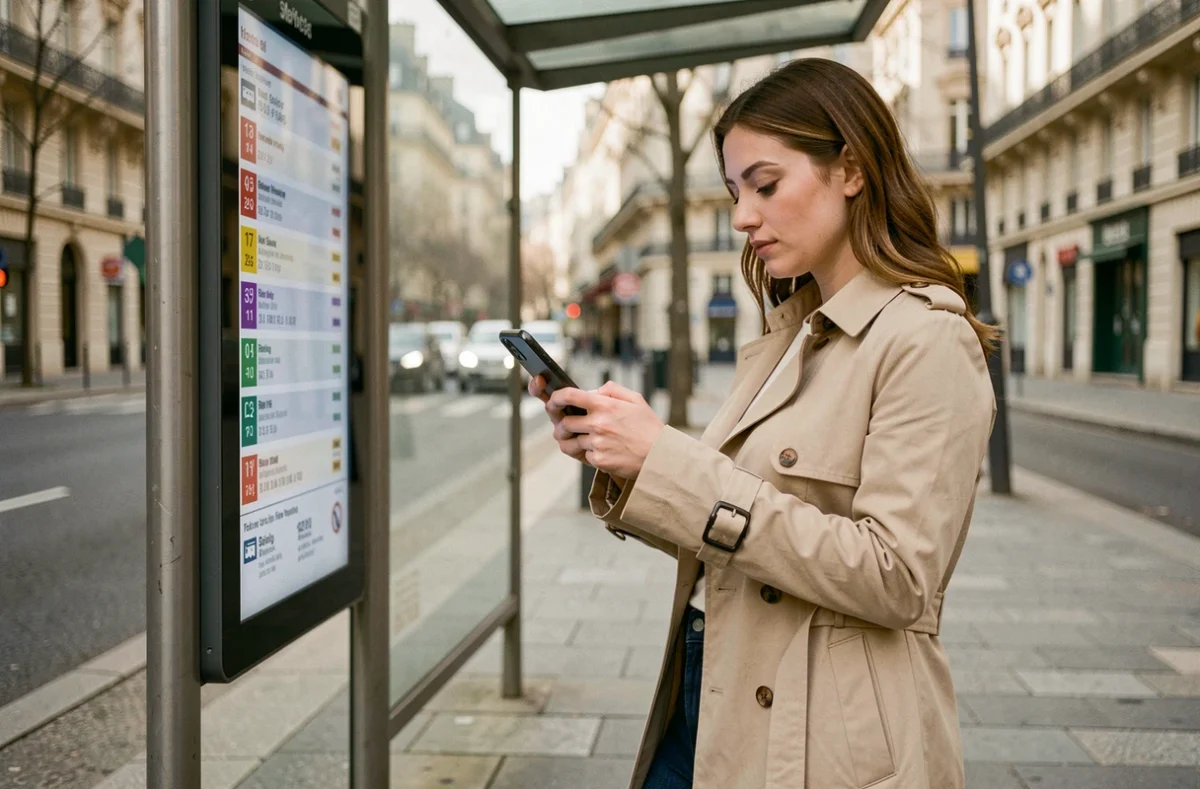Jeune femme consultant l'horaire en temps réel du bus sur son smartphone à un arrêt de bus parisien