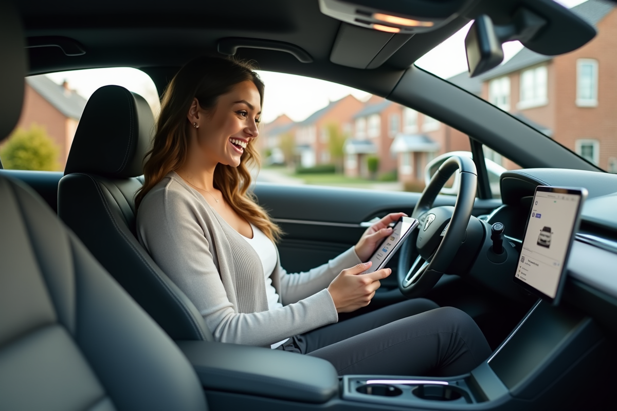 Femme souriante dans l interieur d une voiture