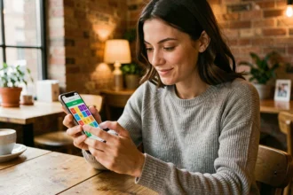 Jeune femme jouant à 4 Images 1 Mot sur smartphone dans un café, expression concentrée sur un jeu de mots à 5 lettres