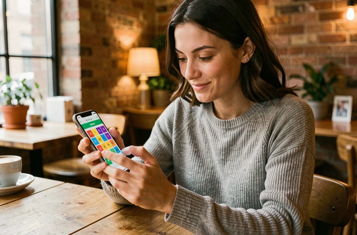 Jeune femme jouant à 4 Images 1 Mot sur smartphone dans un café, expression concentrée sur un jeu de mots à 5 lettres