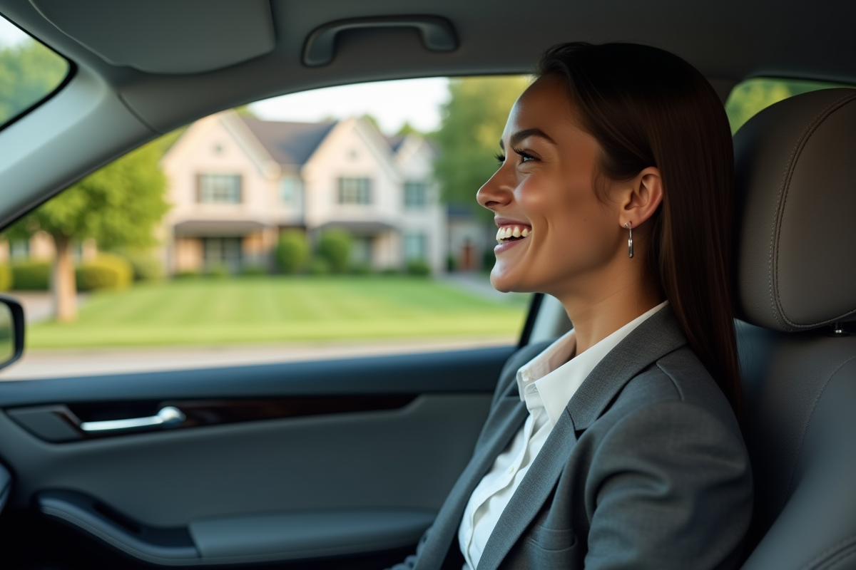 Jeune femme en costume discutant avec un adolescent dans la voiture