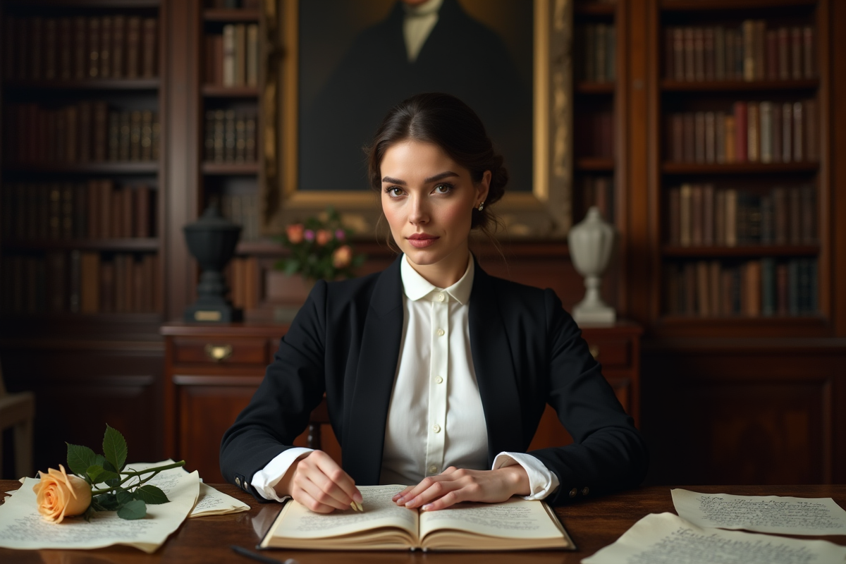 Femme assise dans un salon littéraire ancien