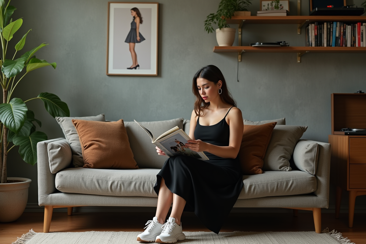 Femme en robe noire dans un salon vintage et cosy