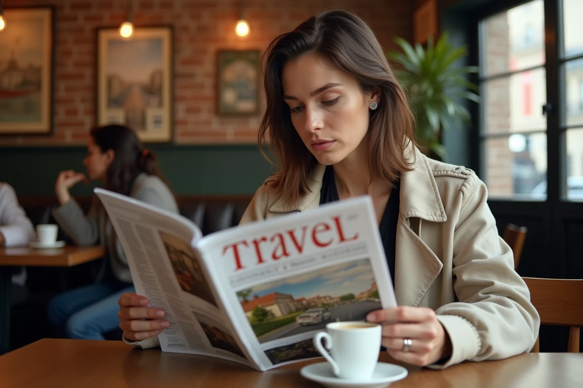 Femme lisant un magazine de voyage et de société dans un café parisien vintage