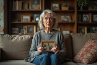 Femme assise avec photo de famille dans un salon chaleureux