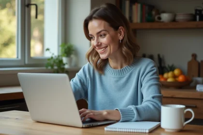 Femme souriante utilisant un ordinateur dans une cuisine chaleureuse