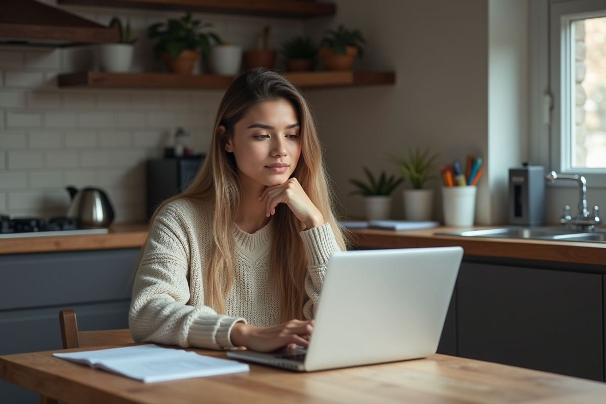 Jeune femme en cuisine regardant son ordinateur portable