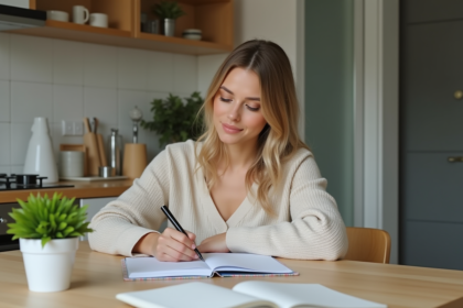 Femme en tenue confortable organise son planning dans une cuisine moderne