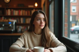 Femme pensive dans un café tenant une tasse, perdue dans ses pensées, illustrant le signe qu'une personne pense à vous