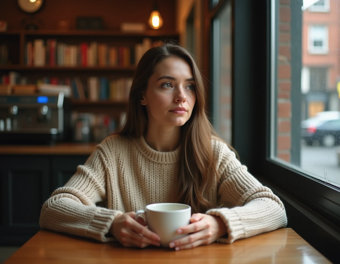 Femme pensive dans un café tenant une tasse, perdue dans ses pensées, illustrant le signe qu'une personne pense à vous