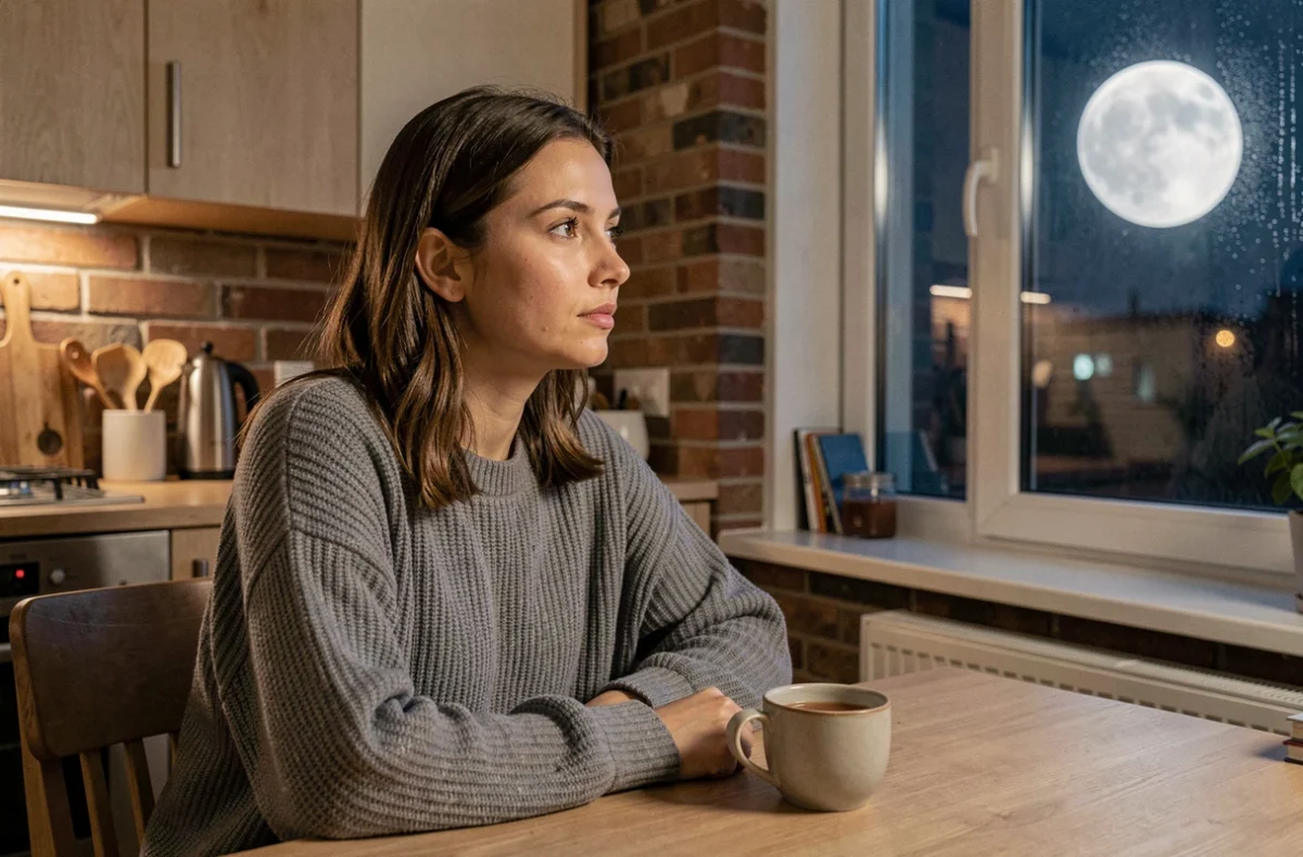 Femme pensive seule à contempler la pleine lune de novembre depuis sa cuisine, évoquant introspection et questionnements sentimentaux