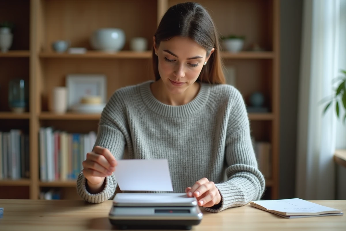 Femme pesant une enveloppe sur une balance postale pour éviter la surtaxe à La Poste