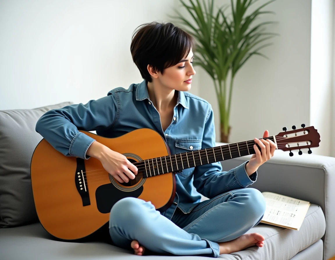 Femme adulte travaillant le placement des doigts pour jouer l'accord B7 sur une guitare acoustique dans un salon moderne
