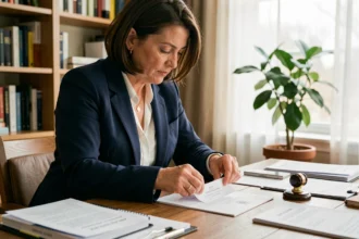 Femme préparant un envoi courrier suivi La Poste avec des documents officiels sur un bureau en bois