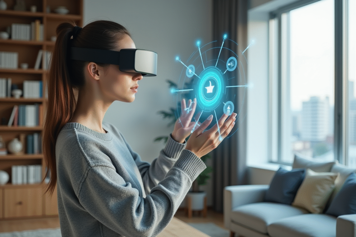Jeune femme avec lunettes AR dans un salon moderne