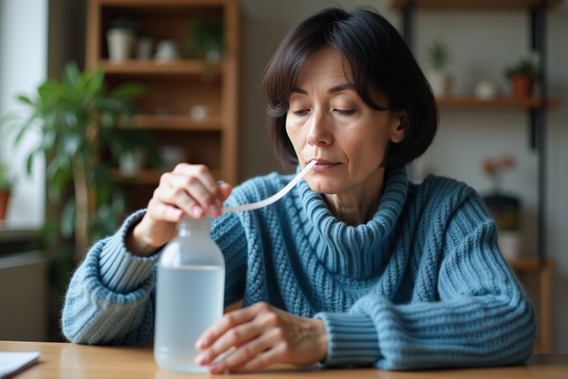 Femme utilisant un spiromètre fait maison dans son salon