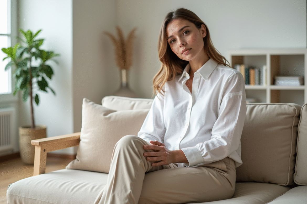 Jeune femme en tenue blanche dans un salon scandinave