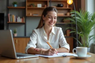 Femme souriante vérifiant des annonces immobilières à la maison