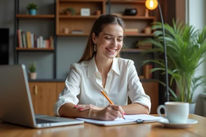 Femme souriante vérifiant des annonces immobilières à la maison