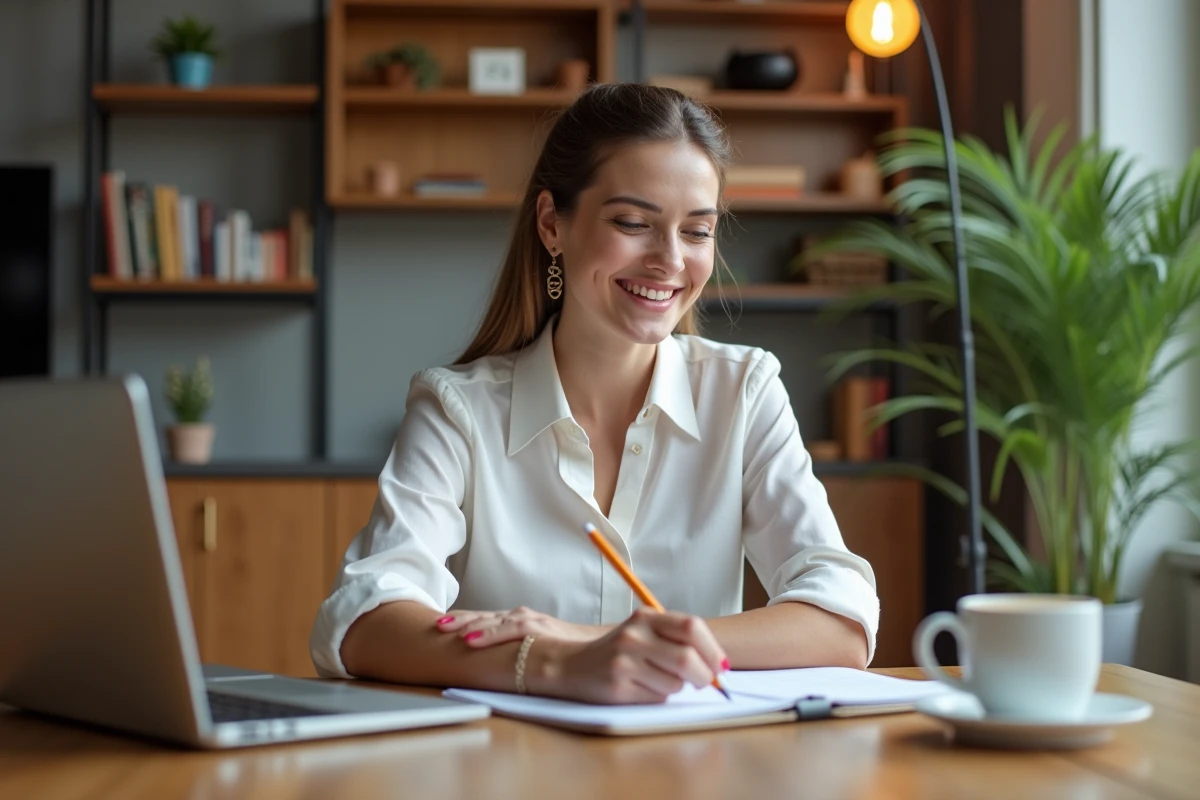 Femme souriante vérifiant des annonces immobilières à la maison