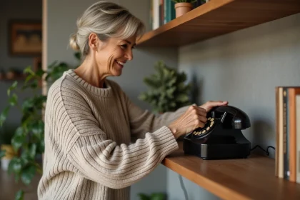 Femme posant un téléphone vintage dans un salon moderne
