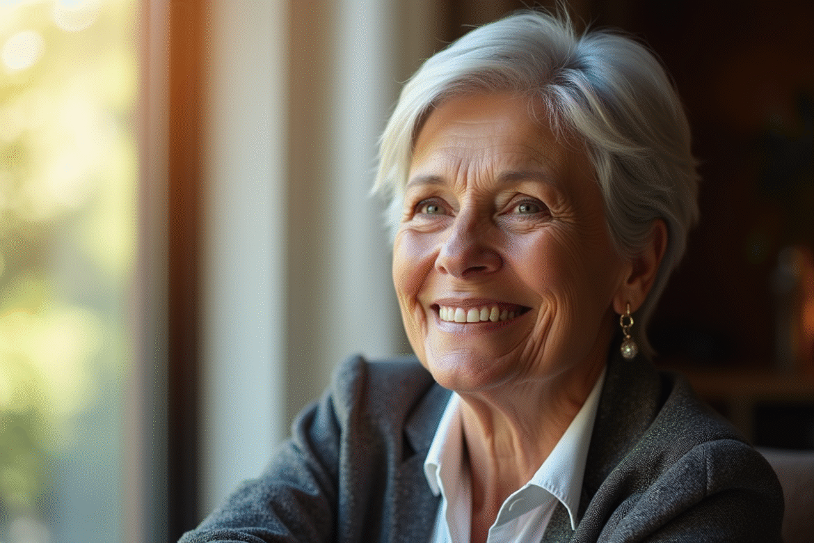 Femme senior souriante assise près d'une fenêtre ensoleillée
