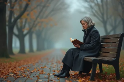 Femme seule et pensive assise sur un banc dans un parc automnal brumeux, illustrant la solitude philosophique